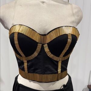 Black Bustier Crop Top with Gold Trim